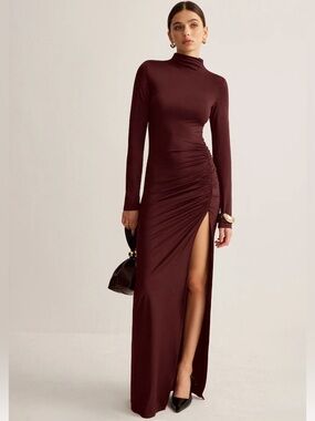 NWT Commense Stand-Collar Pleated Slit Jersey Dress Sz M